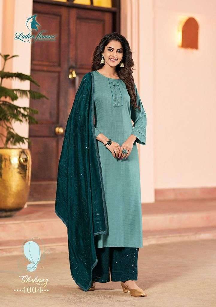 Ladies Flavour Shehnaz Vol-4 -Kurti Pant With Dupatta -Wholesale Catalog