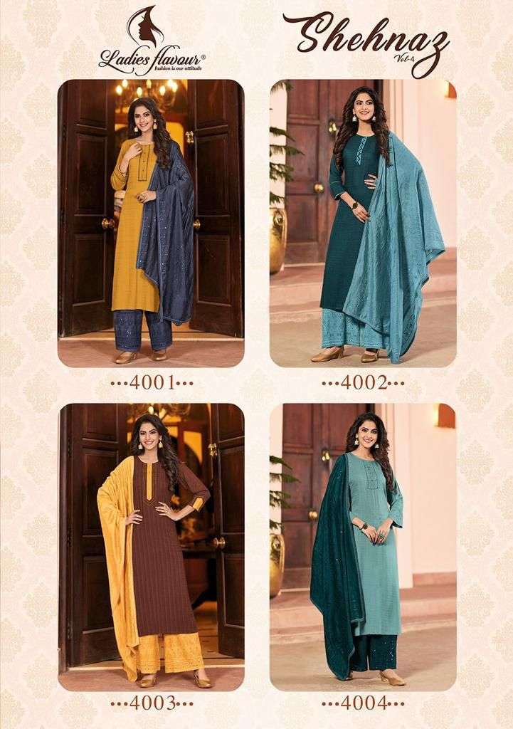 Ladies Flavour Shehnaz Vol-4 -Kurti Pant With Dupatta -Wholesale Catalog