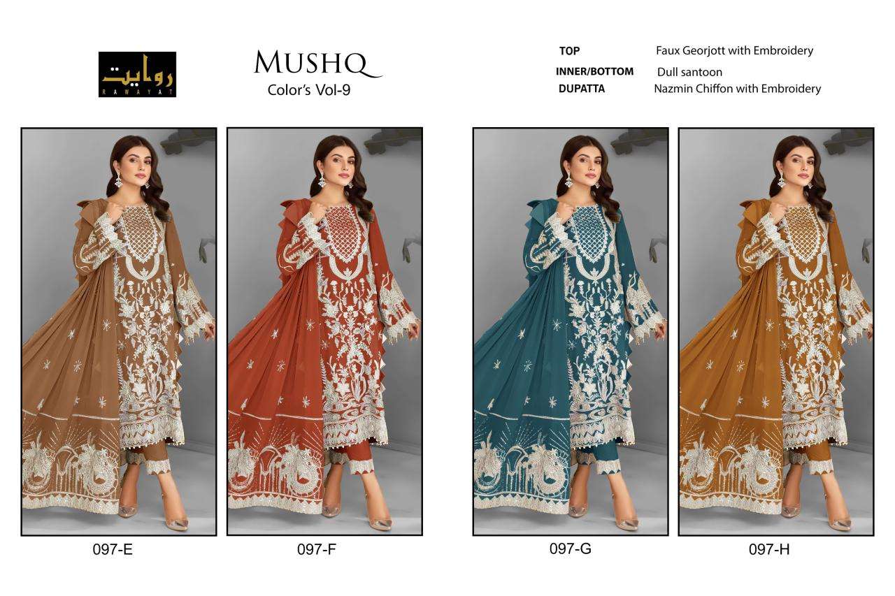 Rawayat Mushq Colors Vol 10 Faux Georgette Pakistani Suits Wholesale catalog