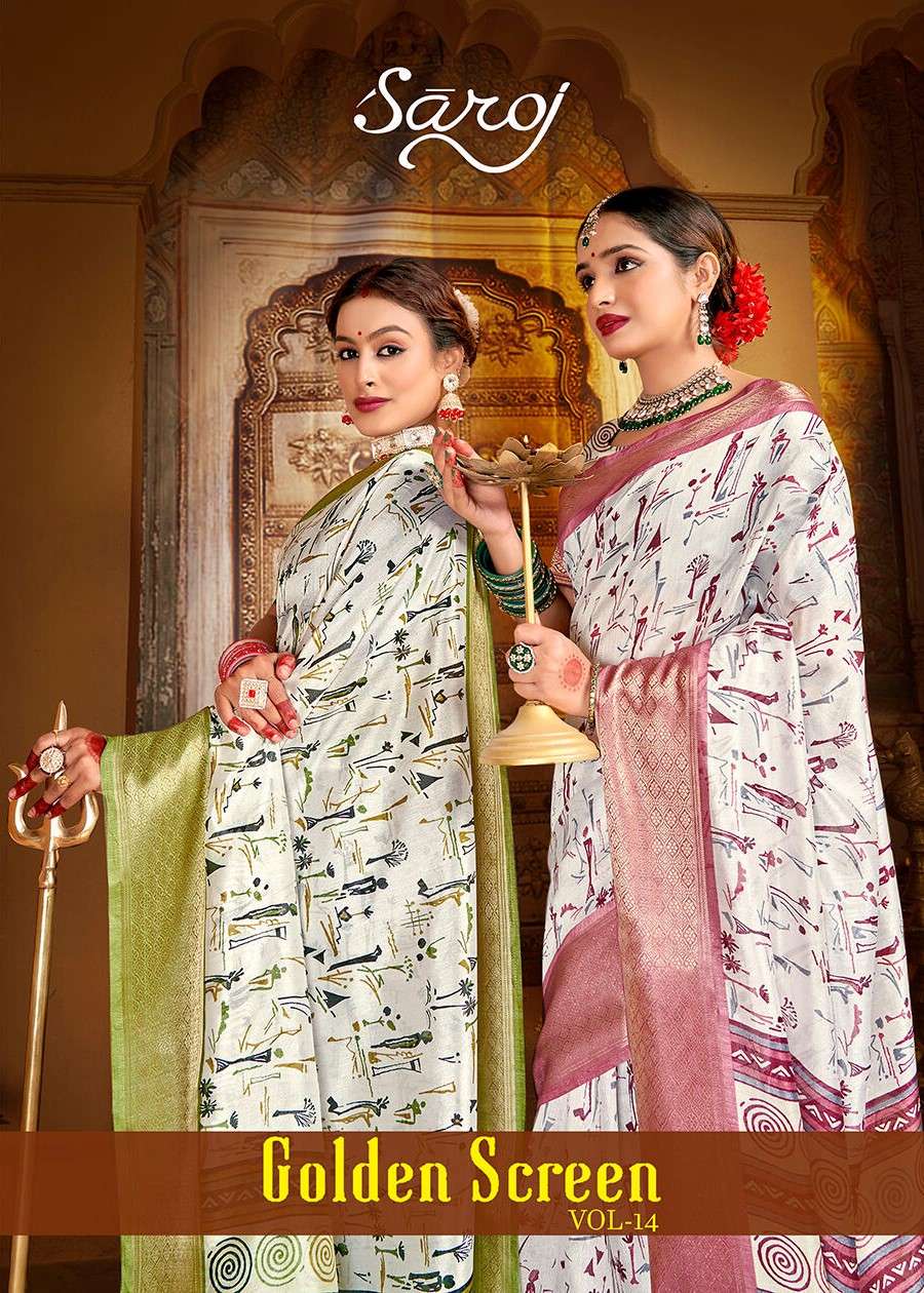 Saroj Golden Screen Vol - 14 Crystal jacquard border printed saree  with jhalar