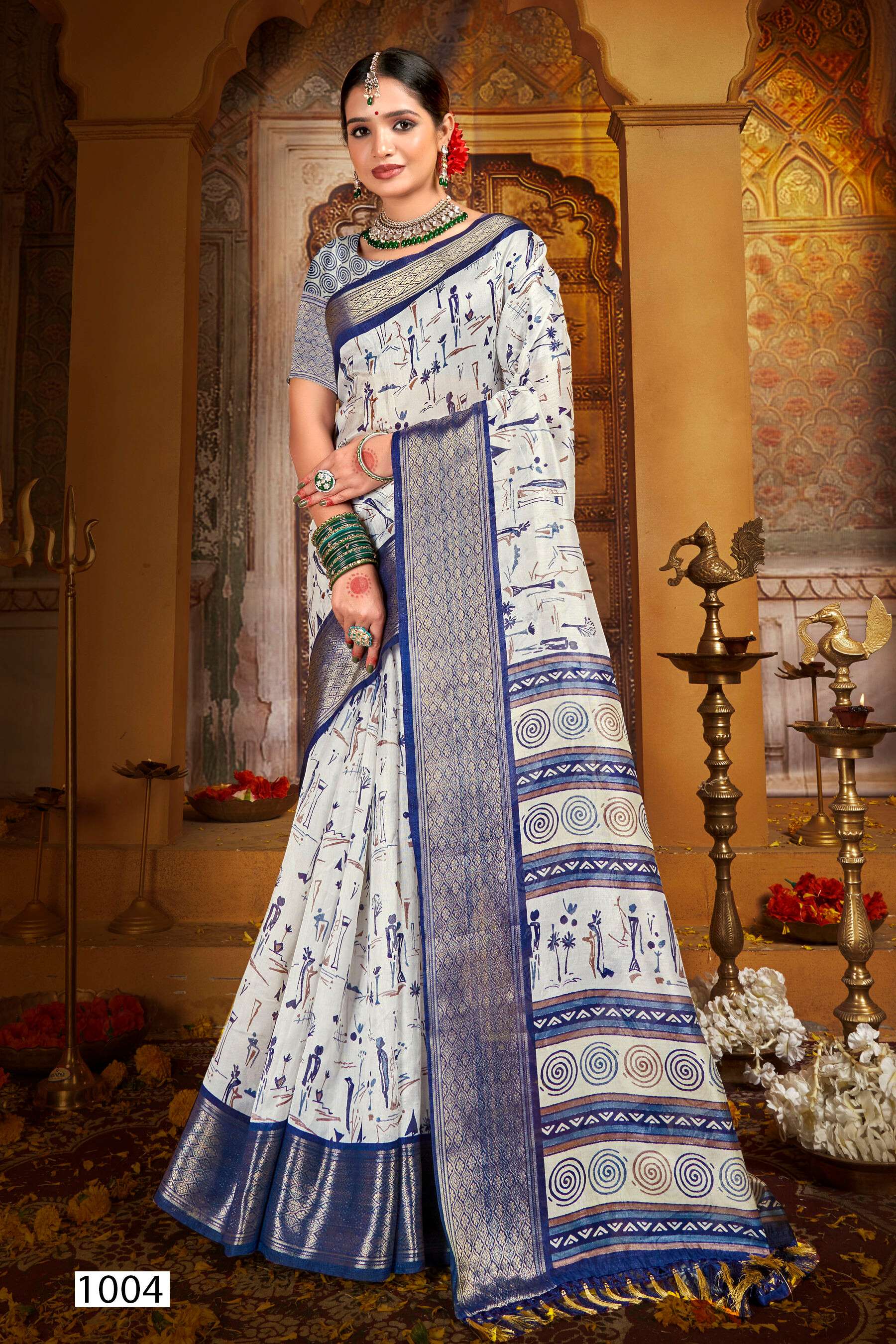 Saroj Golden Screen Vol - 14 Crystal jacquard border printed saree  with jhalar