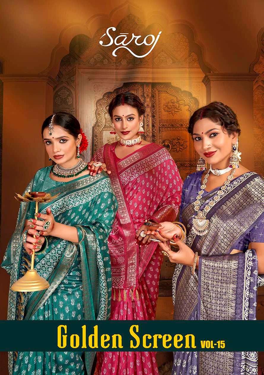 Saroj Golden Screen Vol - 15 Crystal jacquard border printed saree  with jhalar