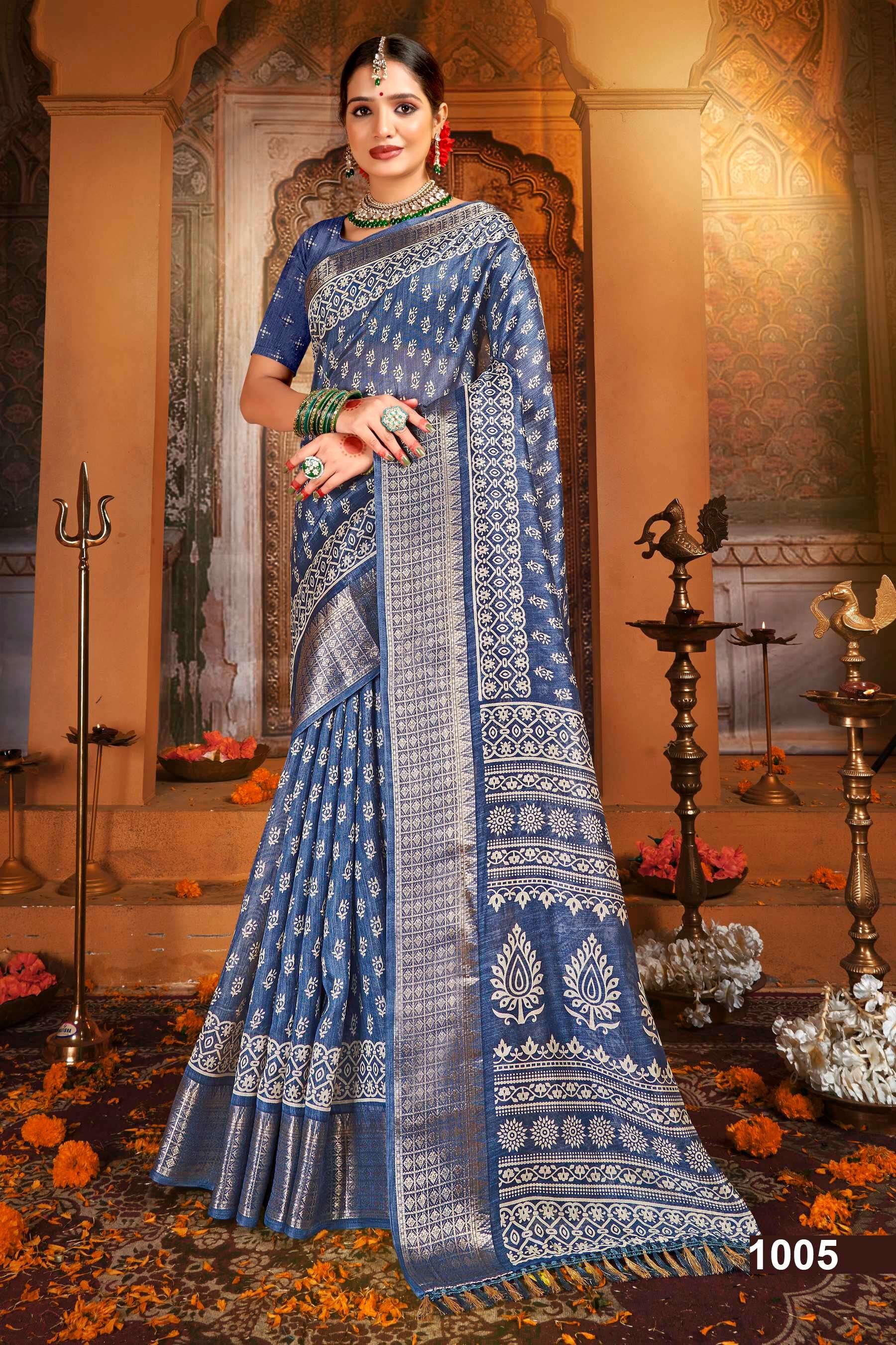 Saroj Golden Screen Vol - 15 Crystal jacquard border printed saree  with jhalar