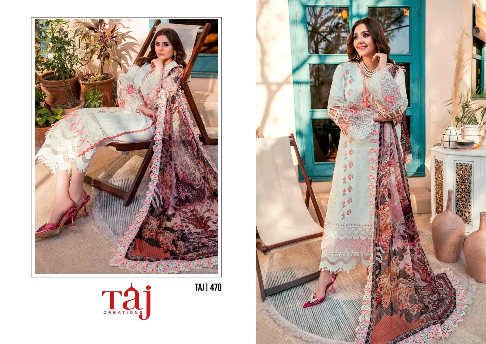 Taj 470 And 471 Chiffon Dupatta Pakistani Suits Wholesale catalog