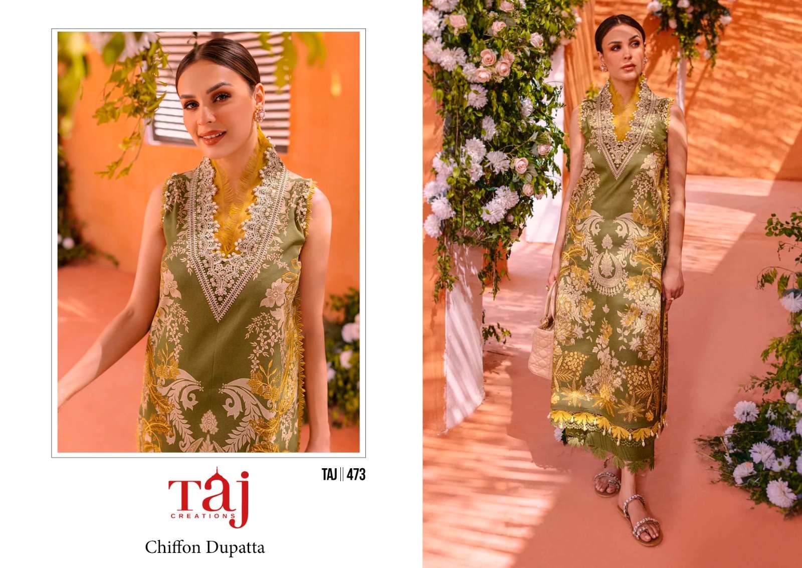 Taj 473 And 476 Chiffon Dupatta Pakistani Suits Wholesale catalog