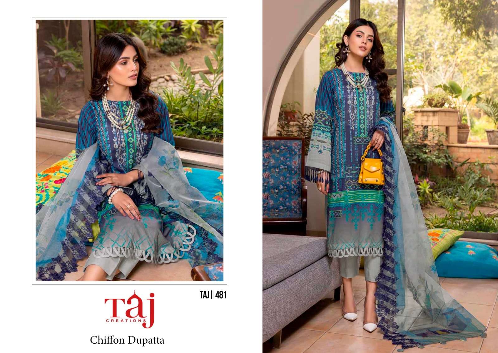 Taj 480 And 481 Chiffon Dupatta Pakistani Suits Wholesale catalog