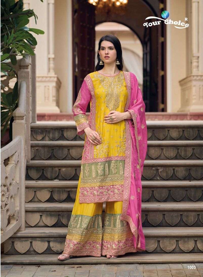 Your Choice Gold Heavy Chinnon Designer Salwar Suits Wholesale catalog