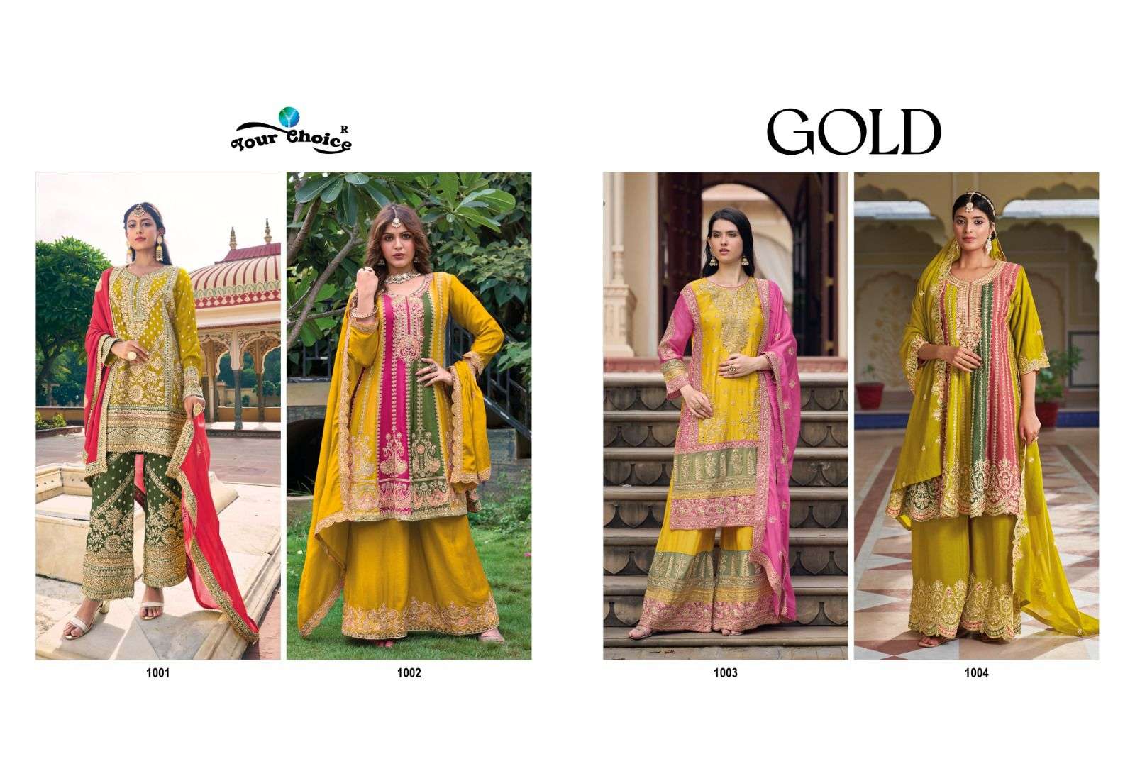 Your Choice Gold Heavy Chinnon Designer Salwar Suits Wholesale catalog