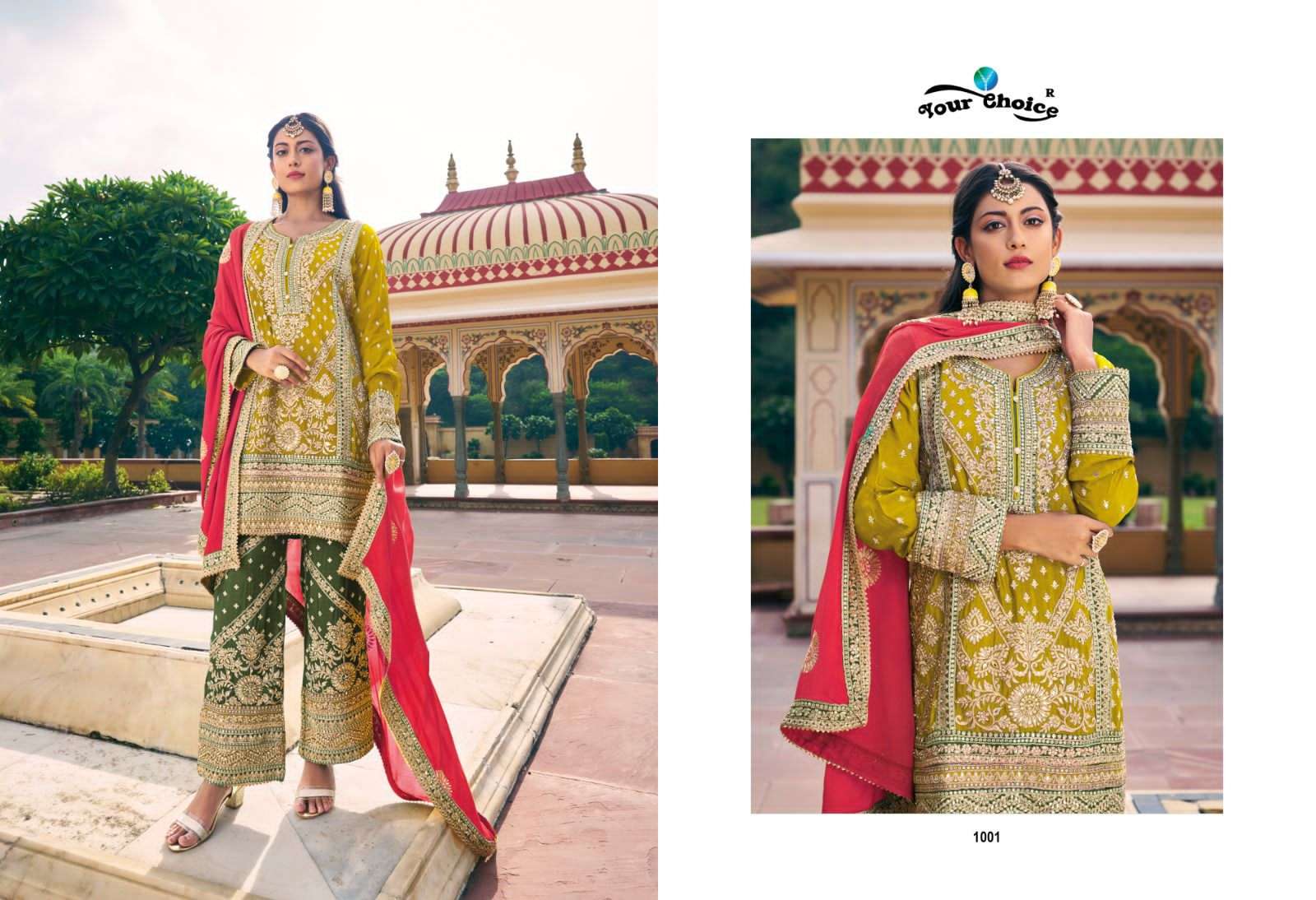 Your Choice Gold Heavy Chinnon Designer Salwar Suits Wholesale catalog