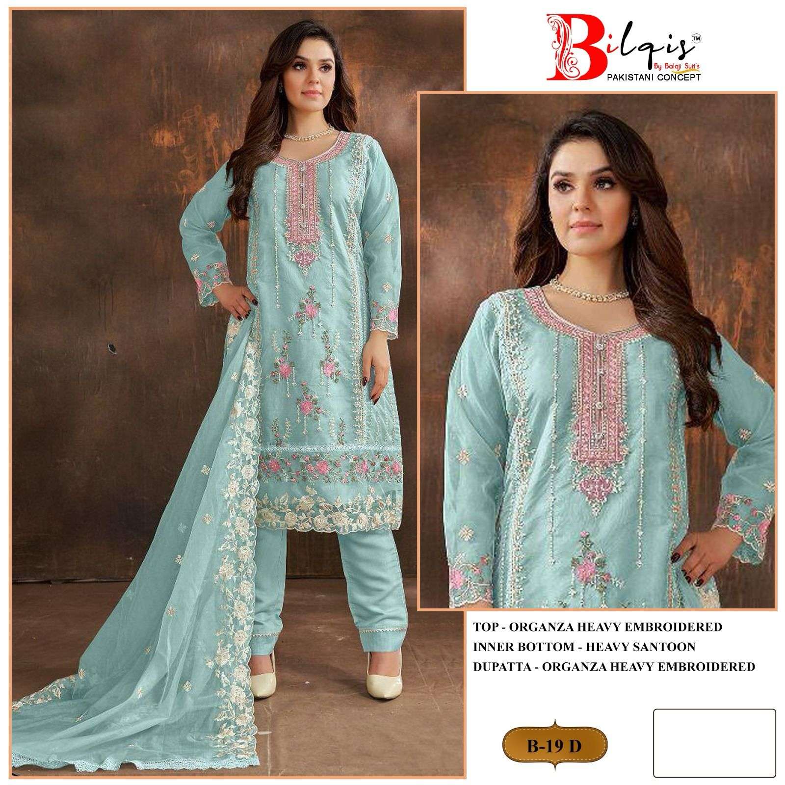 Bilqis B 19 A To D Organza Pakistani Suits Wholesale catalog