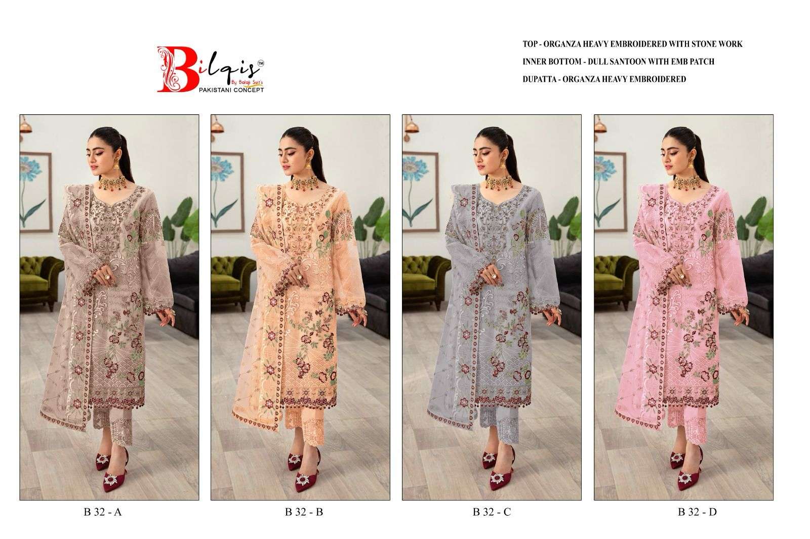 Bilqis B 32 A To D Organza Salwar Kameez Wholesale catalog