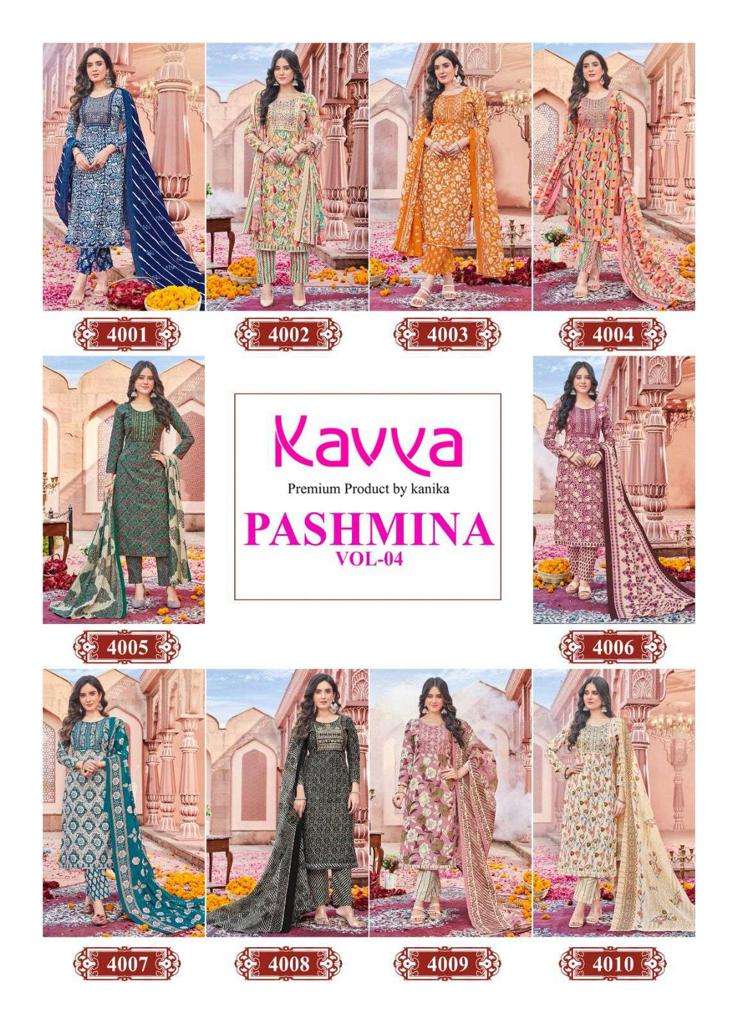 Kavya Pashmina Vol-4 -Kurti Pant With Dupatta -Wholesale Catalog