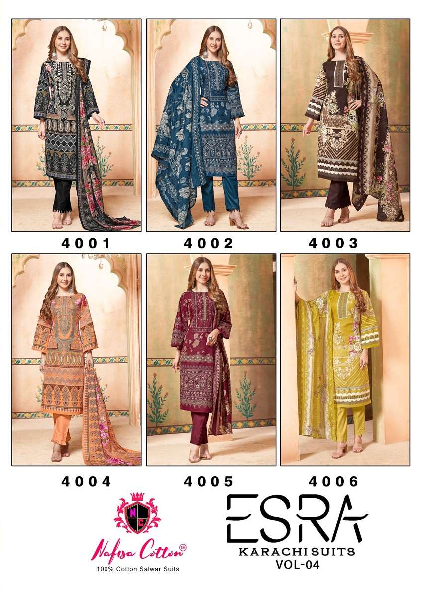 Nafisa Esra Vol 4 Karachi Suits Cotton Dress Material Wholesale catalog