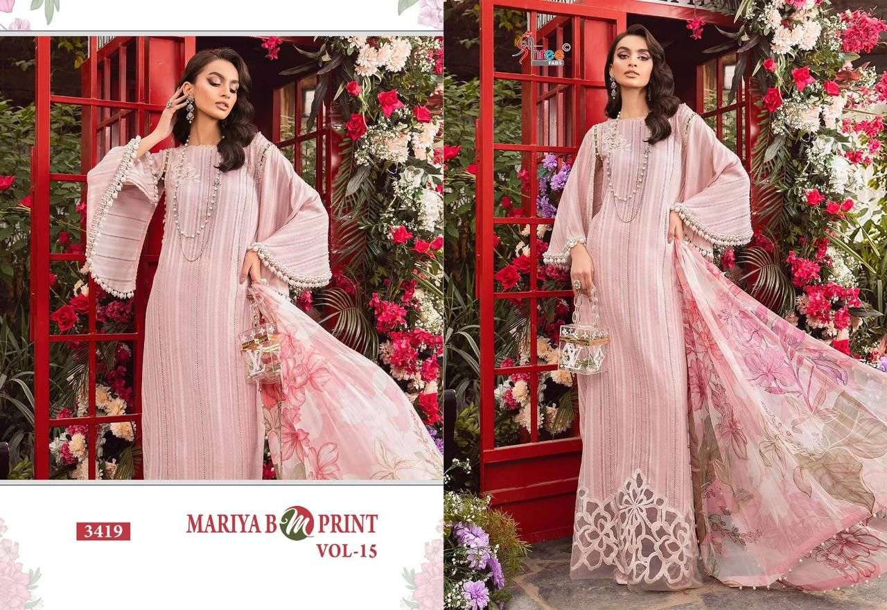 Shree Maria B M Print Vol 15 Chiffon Dupatta Salwar Suits Wholesale catalog