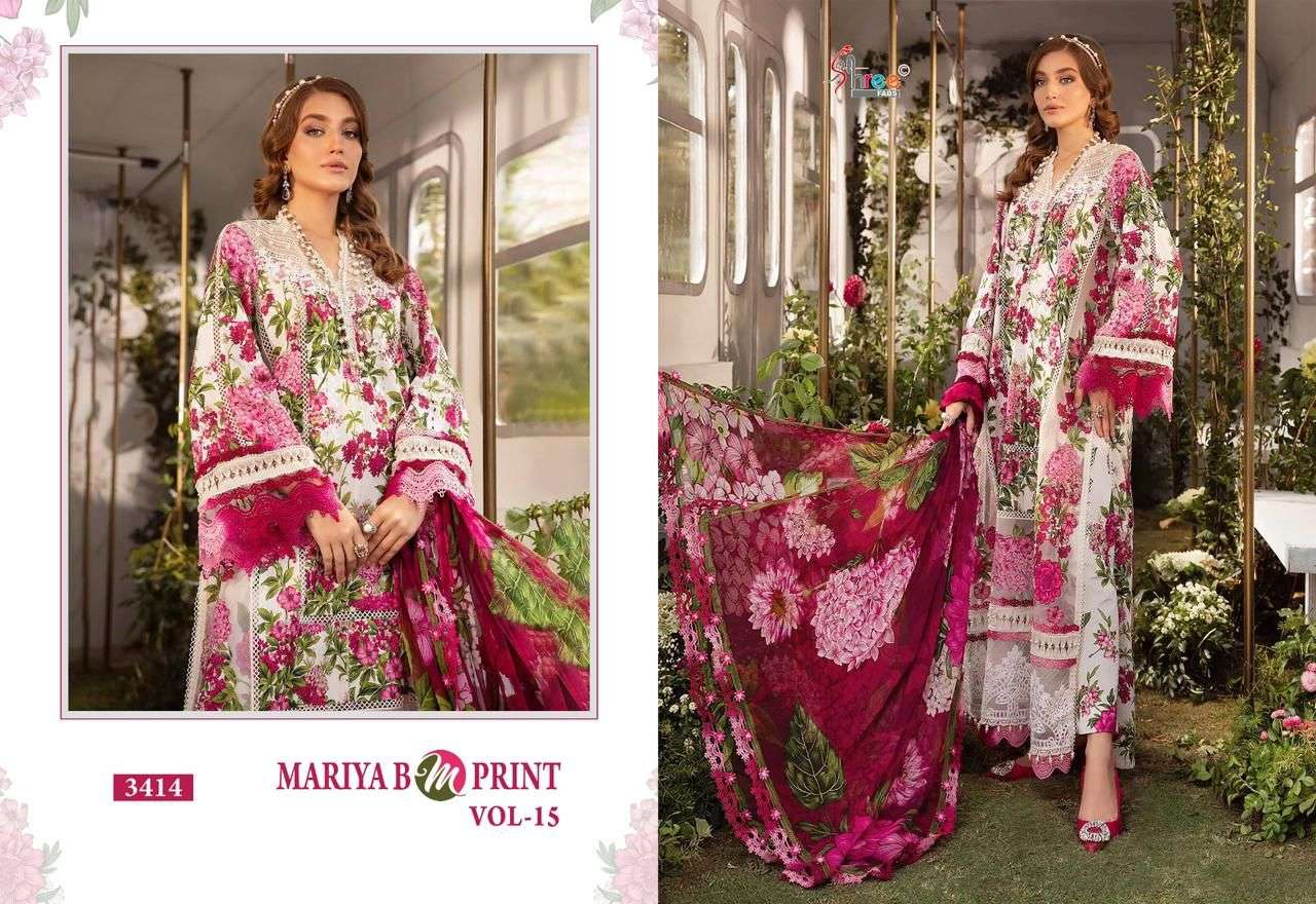 Shree Maria B M Print Vol 15 Chiffon Dupatta Salwar Suits Wholesale catalog
