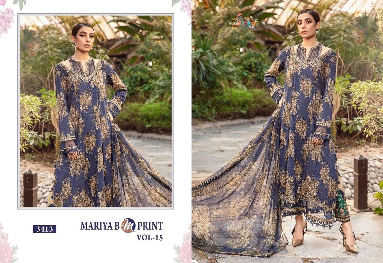 Shree Maria B M Print Vol 15 Chiffon Dupatta Salwar Suits Wholesale catalog