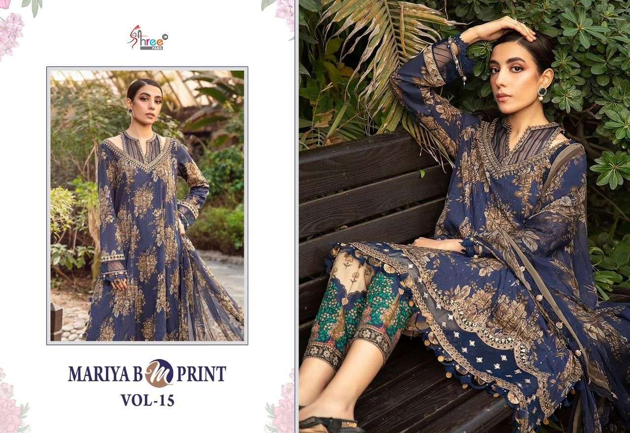 Shree Maria B M Print Vol 15 Chiffon Dupatta Salwar Suits Wholesale catalog