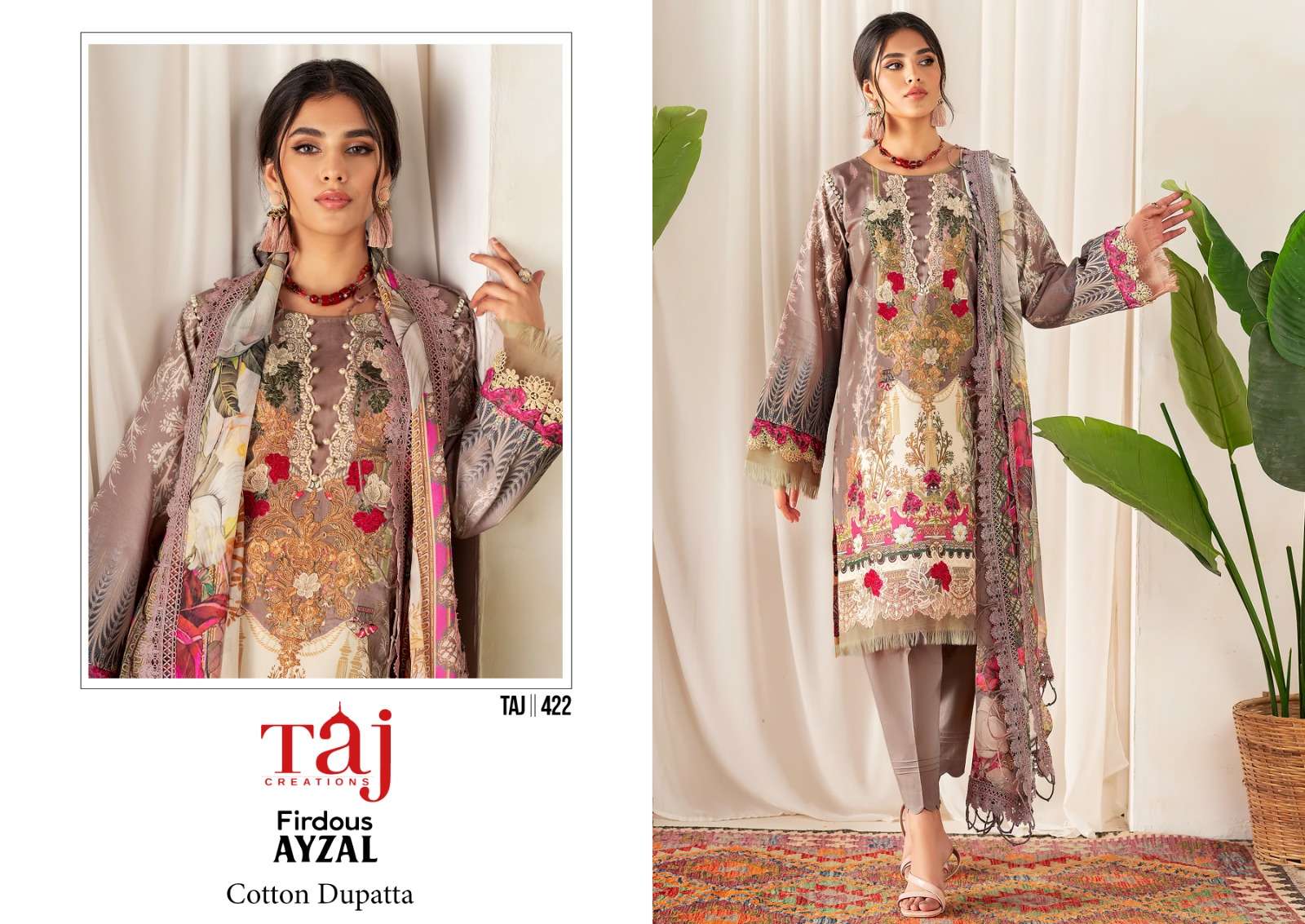 Taj 422 And 499 Cotton Dupatta Designer Pakitani Suits Wholesale catalog