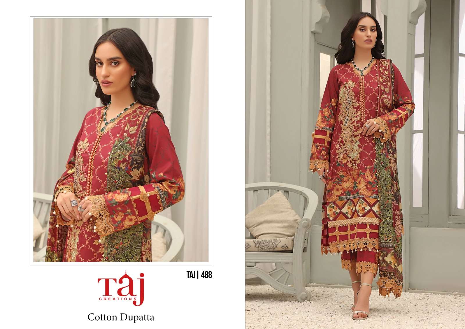 Taj 488 And 489 Cotton Dupatta Hits Design Pakistani Suits Wholesale catalog