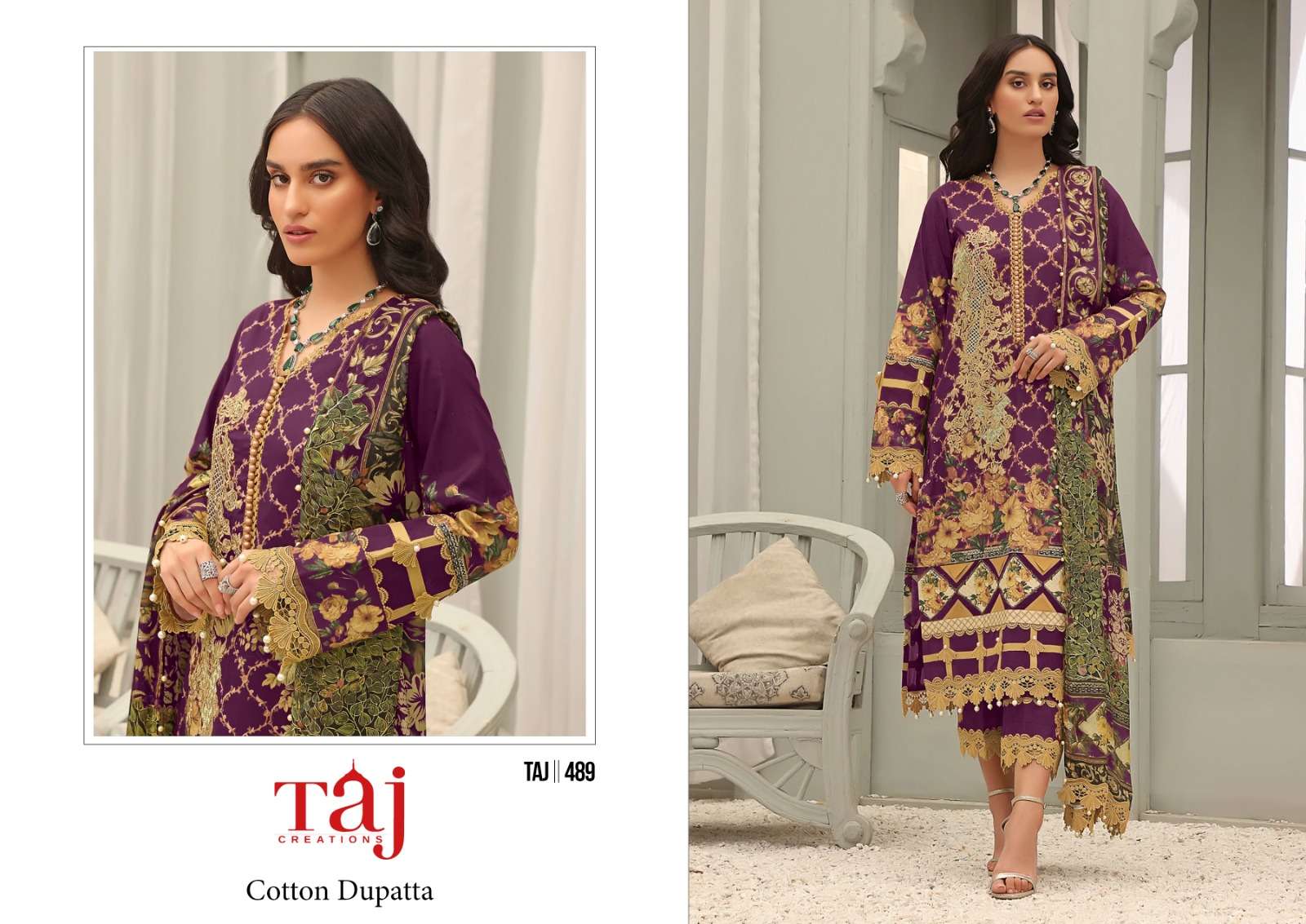 Taj 488 And 489 Cotton Dupatta Hits Design Pakistani Suits Wholesale catalog