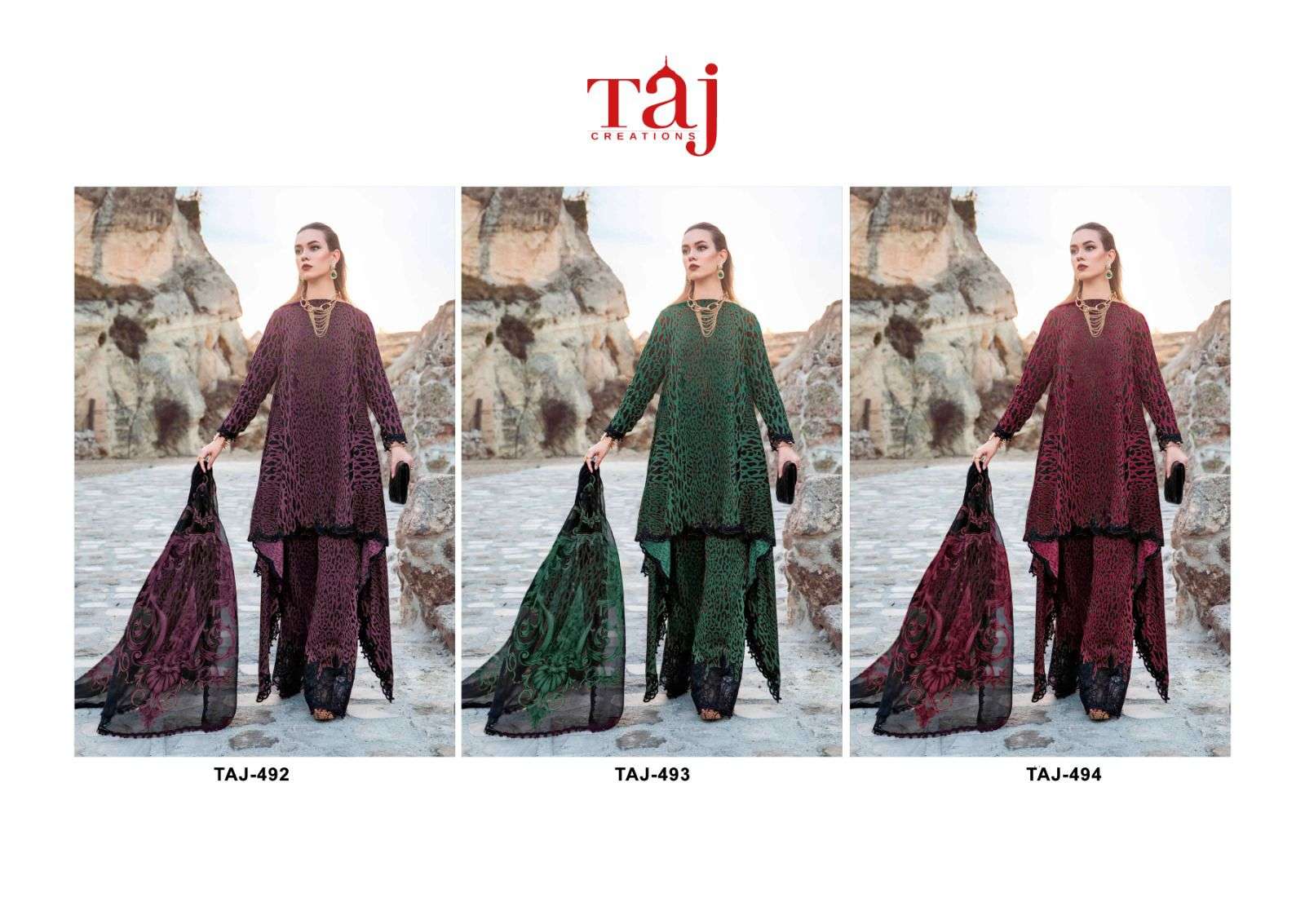 Taj 492 To 494 Chiffon Dupatta Hits Design Pakistani Suits Wholesale catalog