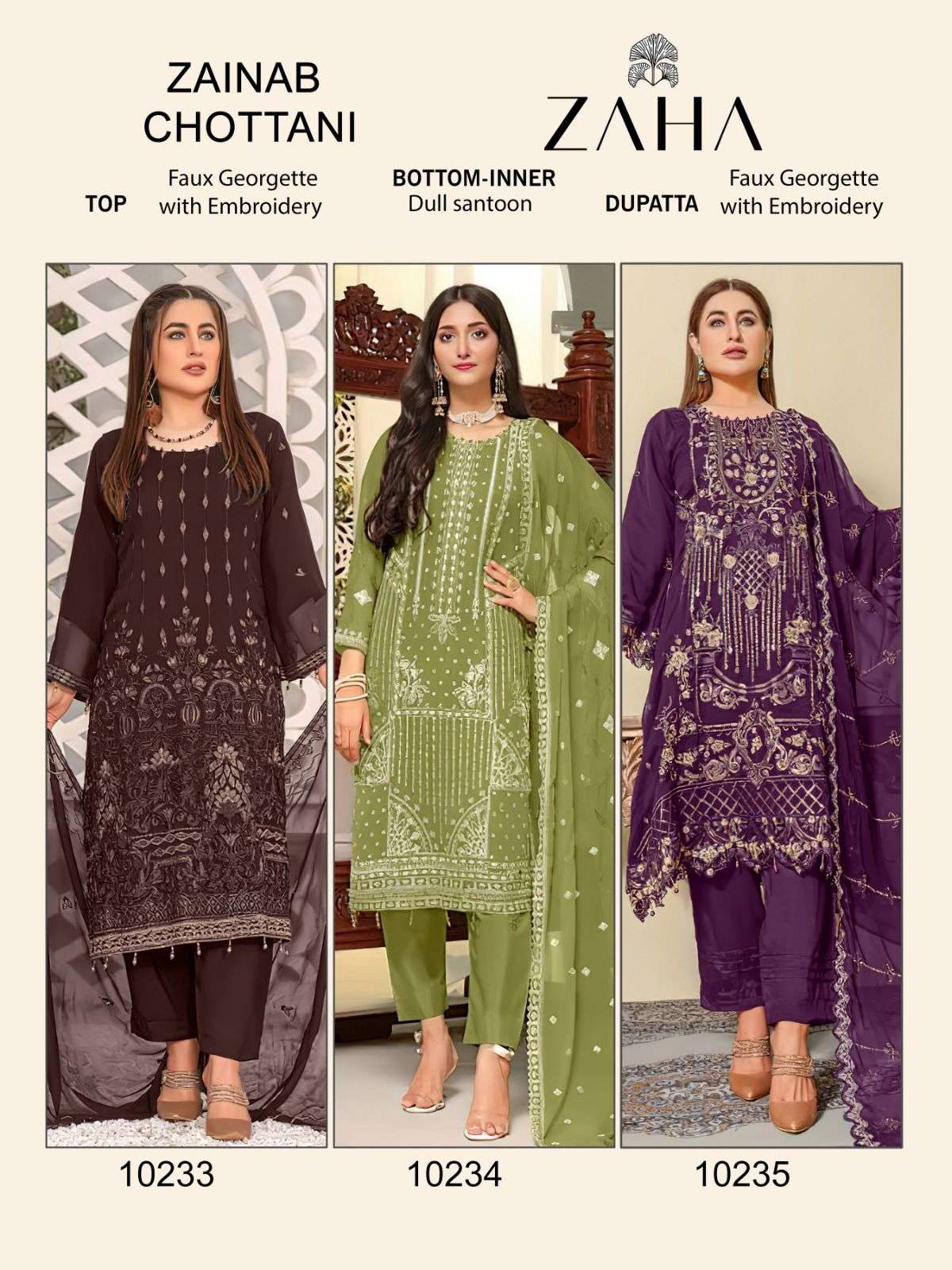 Zaha Zainab Chottani 10233 To 10235 Pakistani Suits Wholesale catalog