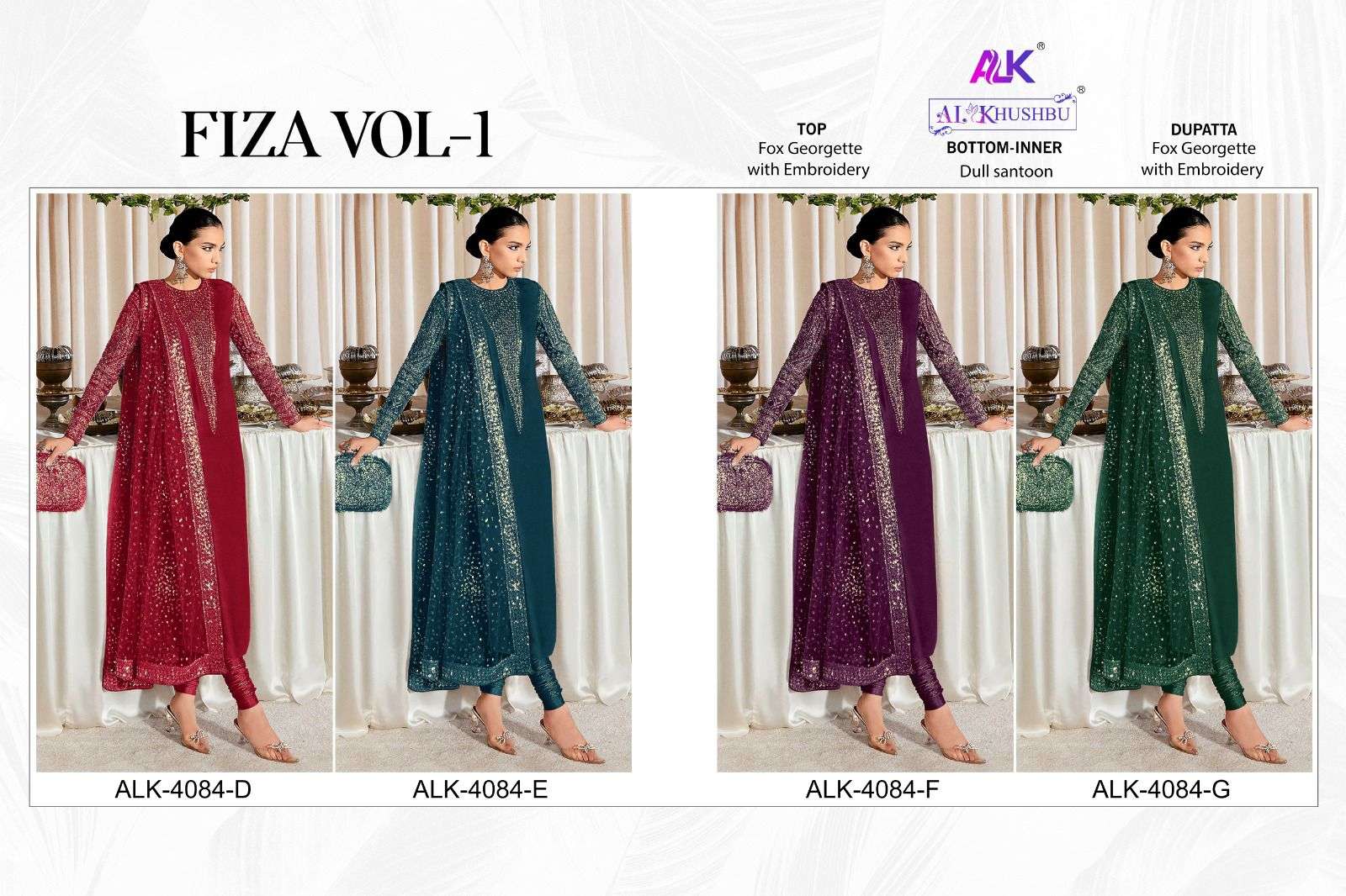 Alk Khushbu Fiza 4084 D To G Georgette Pakistani Suit Wholesale catalog
