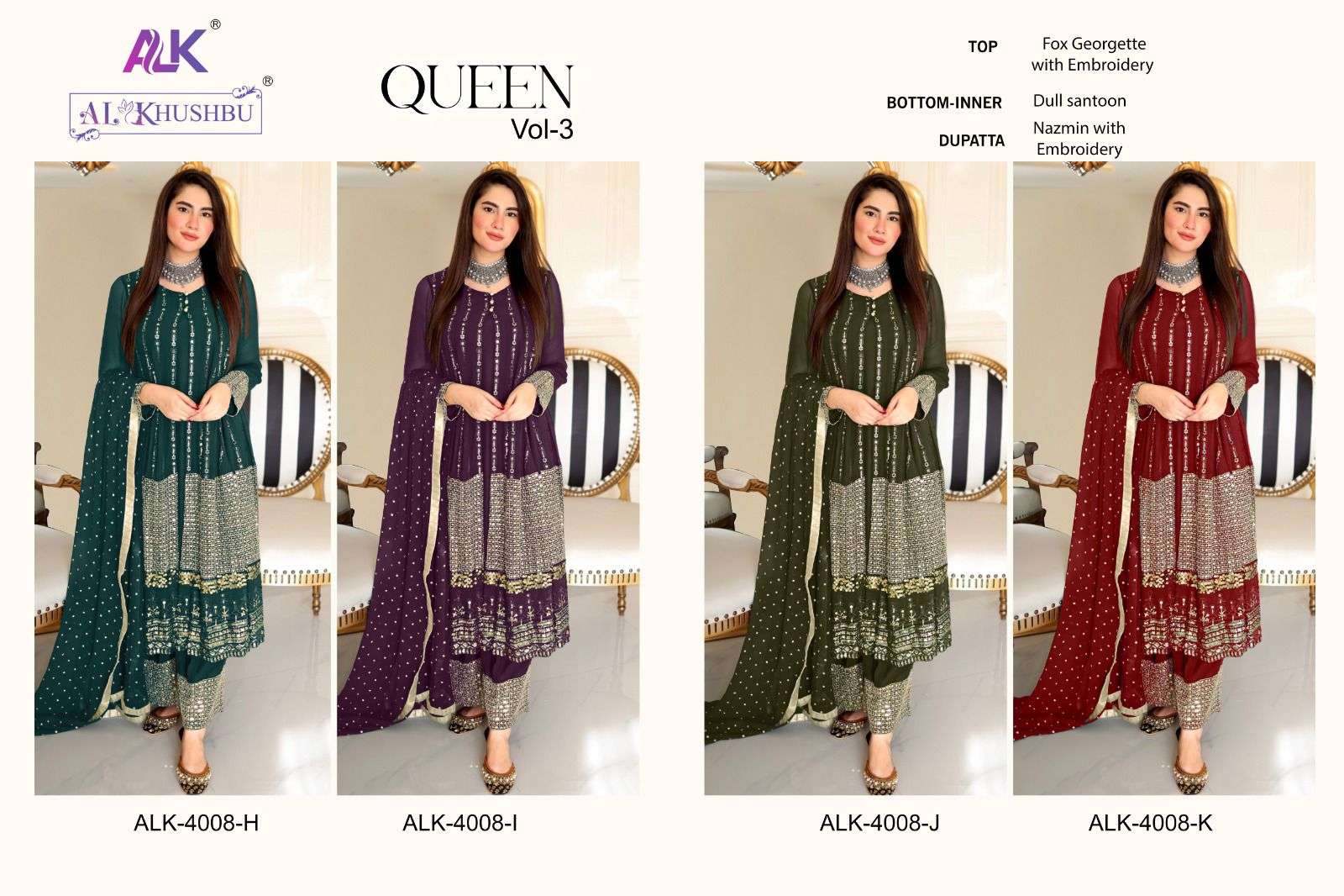Alk Khushbu Queen 4008 H To K Georgette Salwar Kameez Wholesale catalog