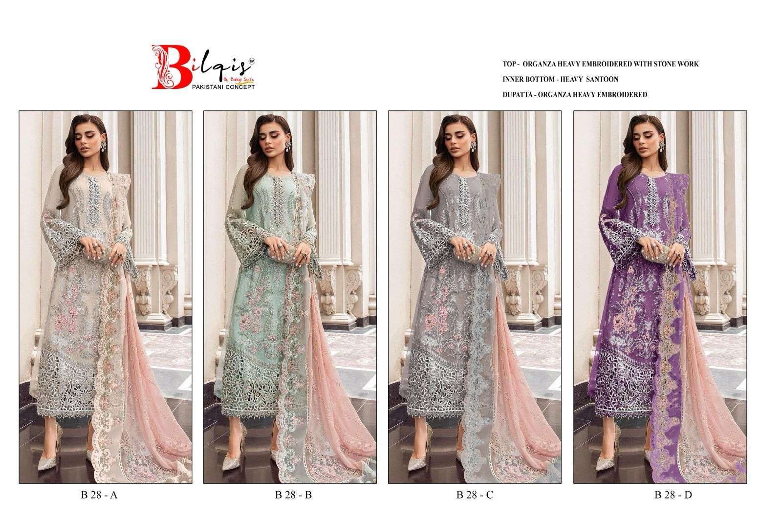 Bilqis B 28 A To D Organza Pakistani Suits Wholesale catalog