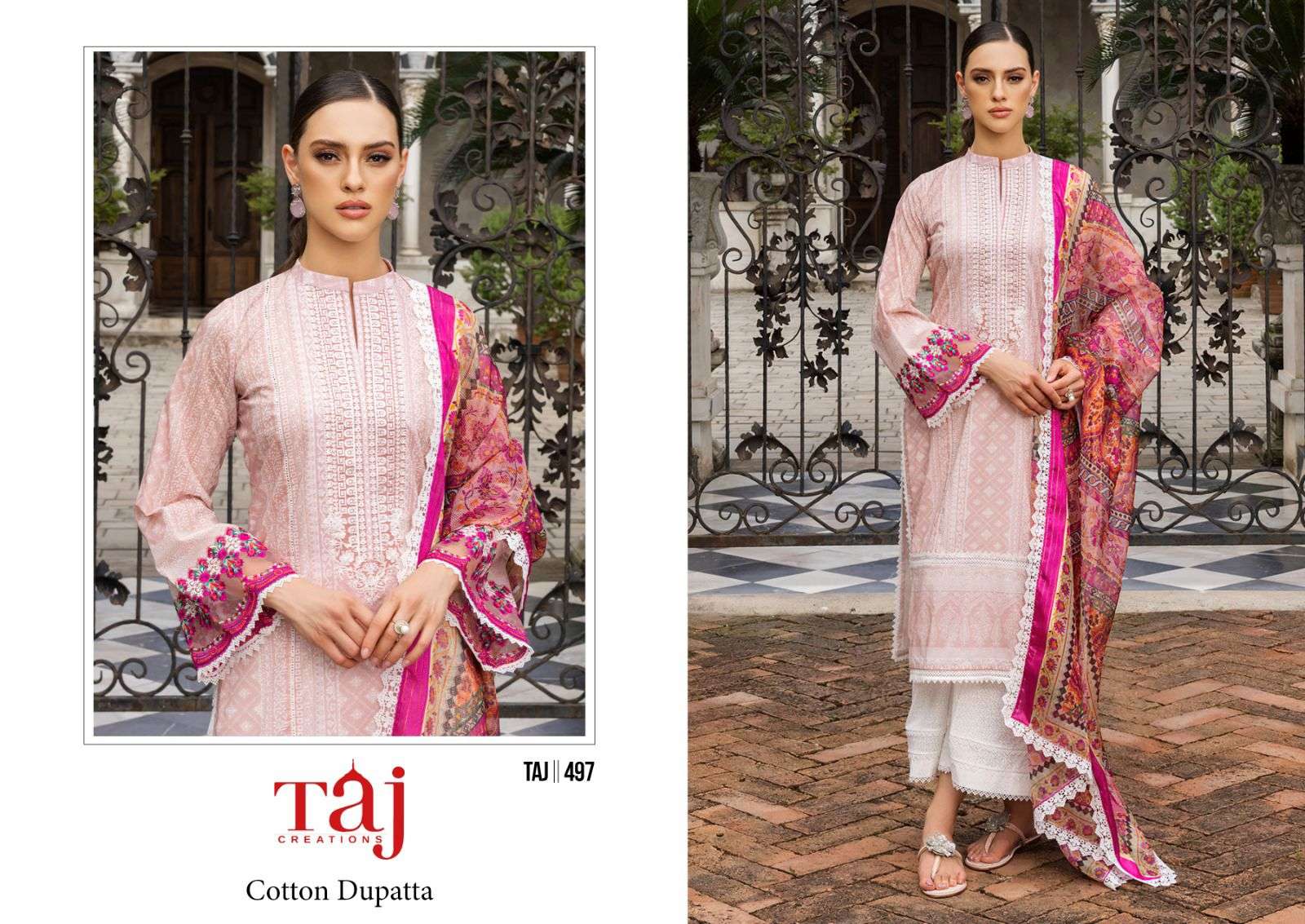 Taj 497 And 498 Queen Court Cotton Dupatta Salwar Suits Wholesale catalog