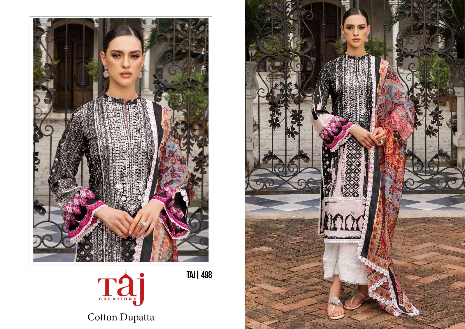 Taj 497 And 498 Queen Court Cotton Dupatta Salwar Suits Wholesale catalog