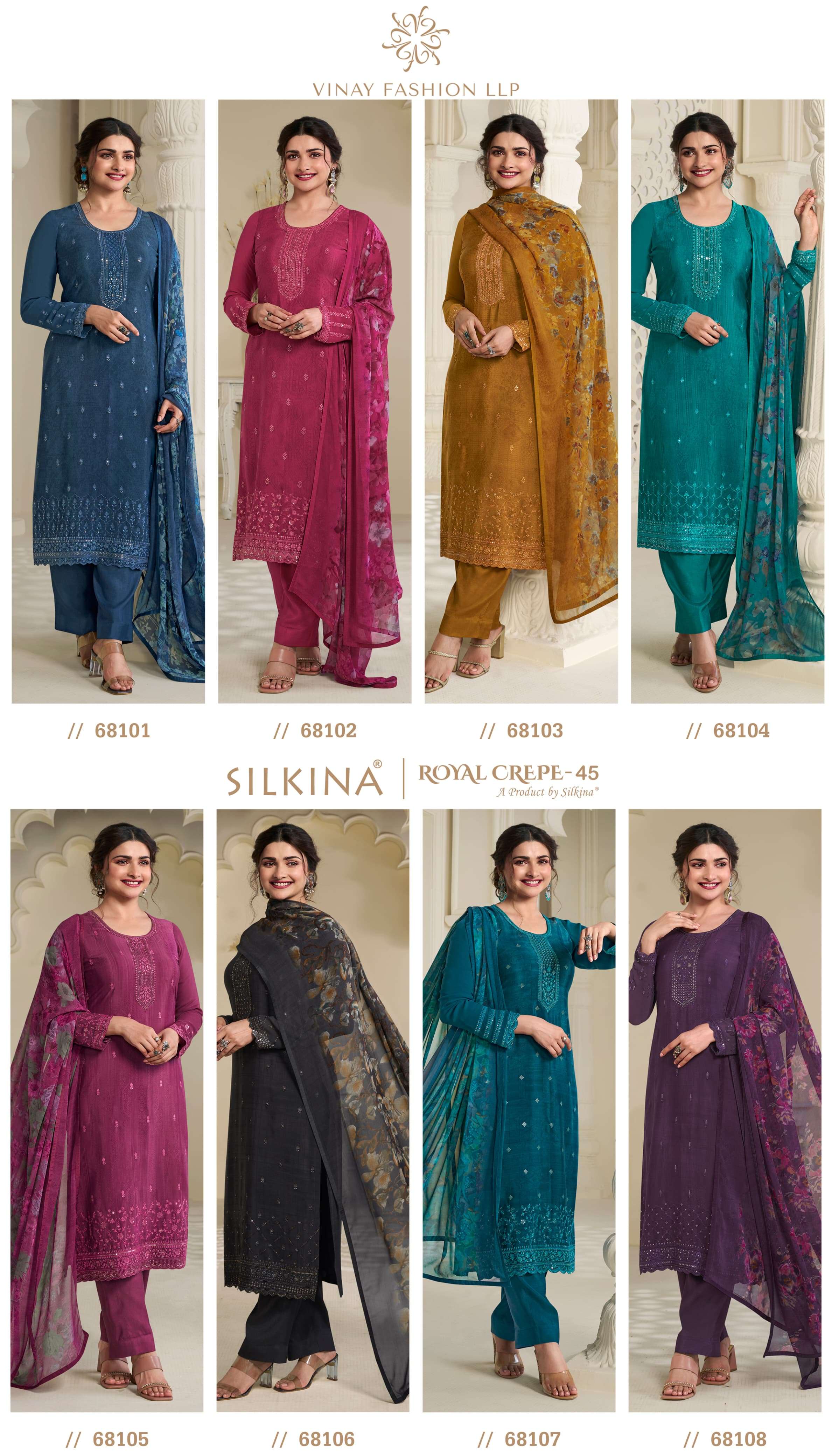 Vinay Silkina Royal Crepe 45 Embroidered Salwar Kameez Wholesale catalog