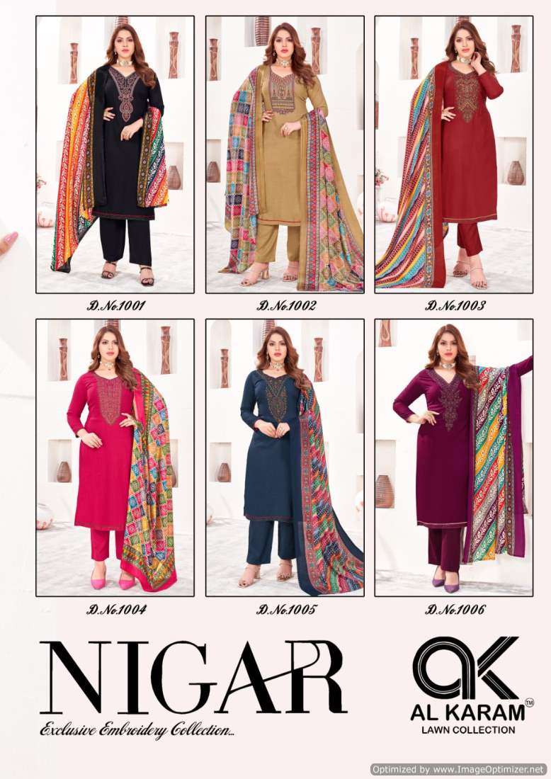 Al Karam Nigar Vol 1 Rayon Embroidery Dress Material Wholesale catalog