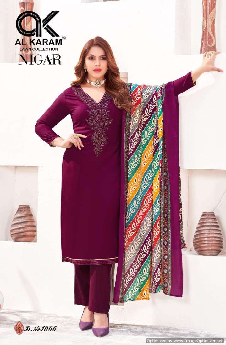 Al Karam Nigar Vol 1 Rayon Embroidery Dress Material Wholesale catalog