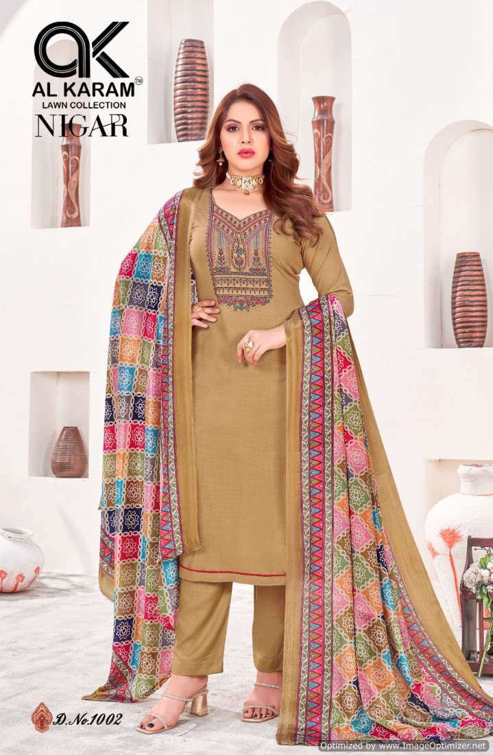 Al Karam Nigar Vol 1 Rayon Embroidery Dress Material Wholesale catalog