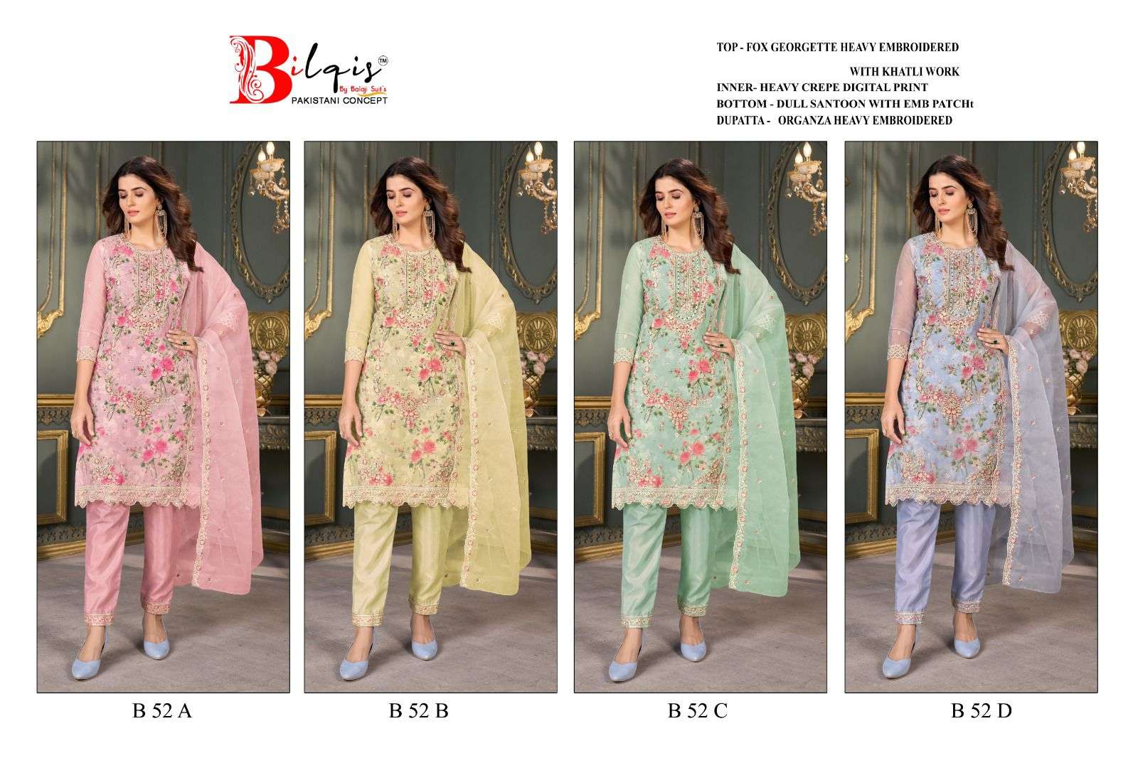 Bilqis B 52 A To D Organza Salwar Kameez Wholesale catalog