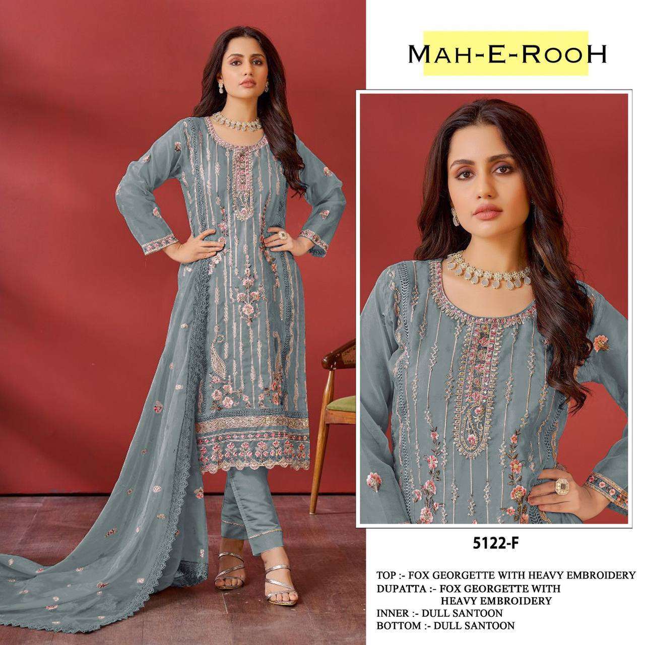 Mah E Rooh 5122 F to J Faux Georgette Embroidery Salwar Suit Wholesale catalog