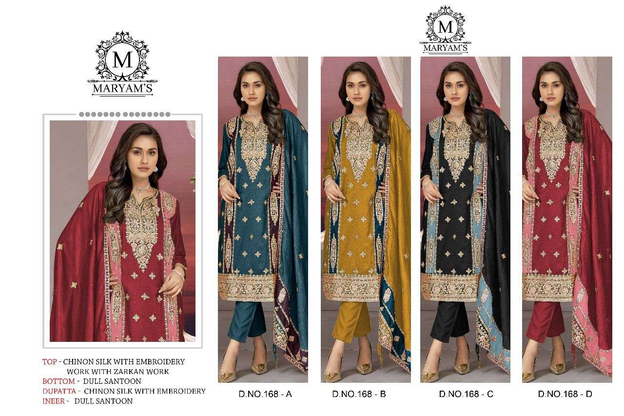 Maryams 168 Chinon Silk Embroidery Salwar Kameez Wholesale catalog