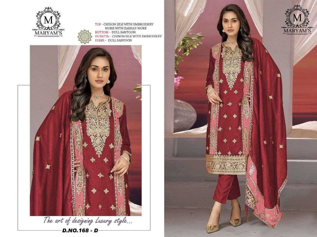 Maryams 168 Chinon Silk Embroidery Salwar Kameez Wholesale catalog