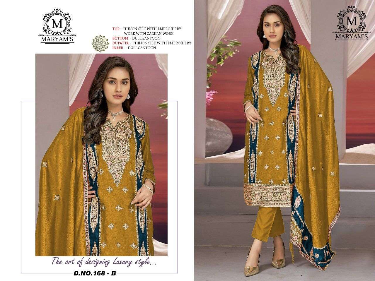 Maryams 168 Chinon Silk Embroidery Salwar Kameez Wholesale catalog