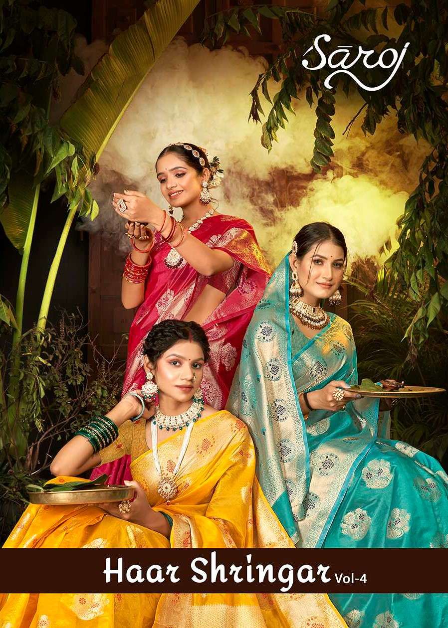 Saroj Haar Shringar vol.4 Premium cxc bright organza silk in bright matching Saree Wholesale catalog    