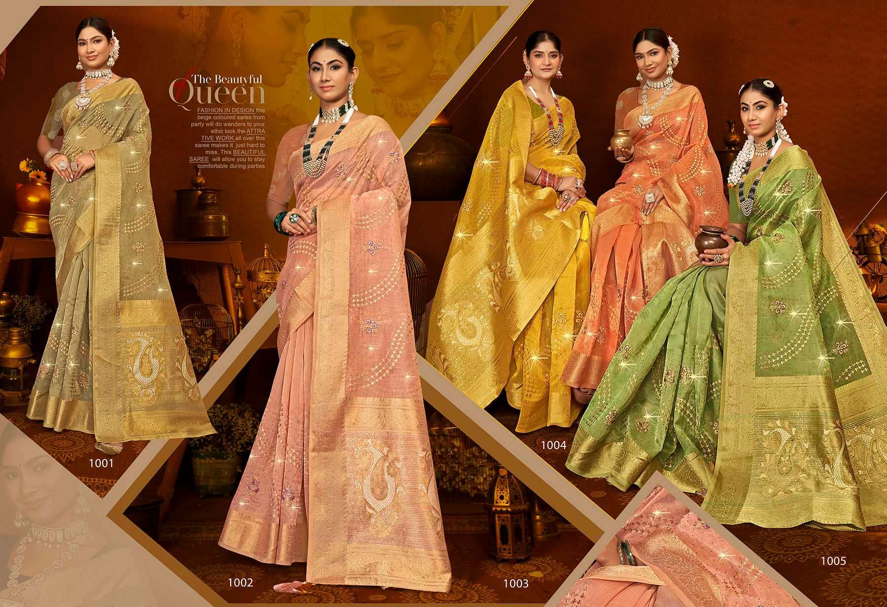 Saroj Tana Bana Vol.1 Khadi organza saree with sequence rich pallu heavvy work swarovski Wholesale catalog    