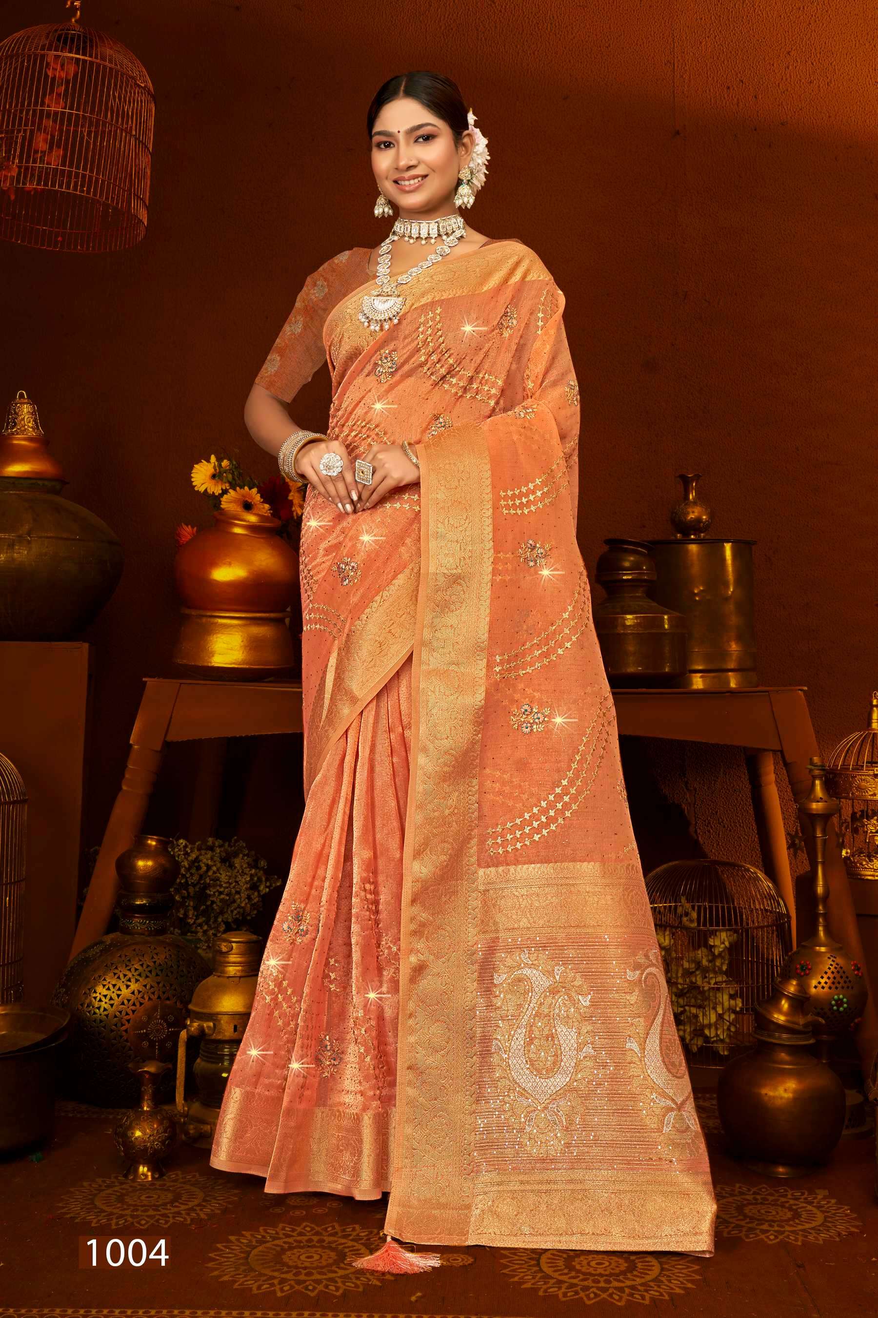 Saroj Tana Bana Vol.1 Khadi organza saree with sequence rich pallu heavvy work swarovski Wholesale catalog    