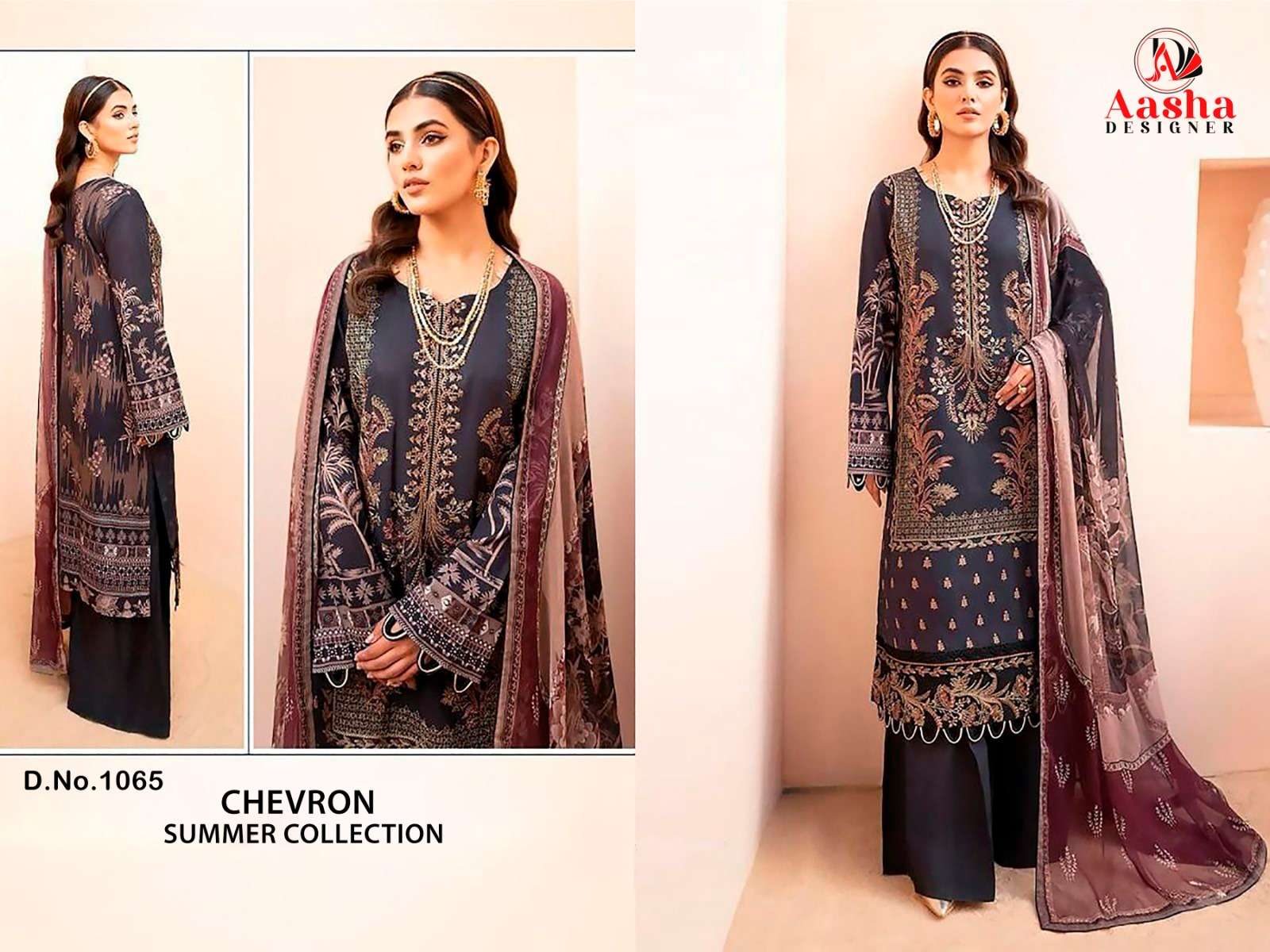 Aasha Chevron Summer Collection Chiffon Dupatta Pakistani Suit Wholesale catalog