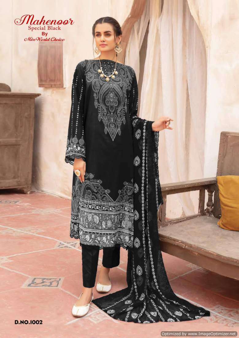 Miss World Mahenoor Black And White Cotton Printed Dress Material Wholesale catalog