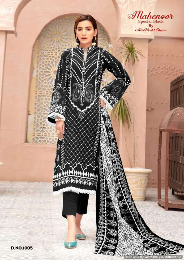 Miss World Mahenoor Black And White Cotton Printed Dress Material Wholesale catalog