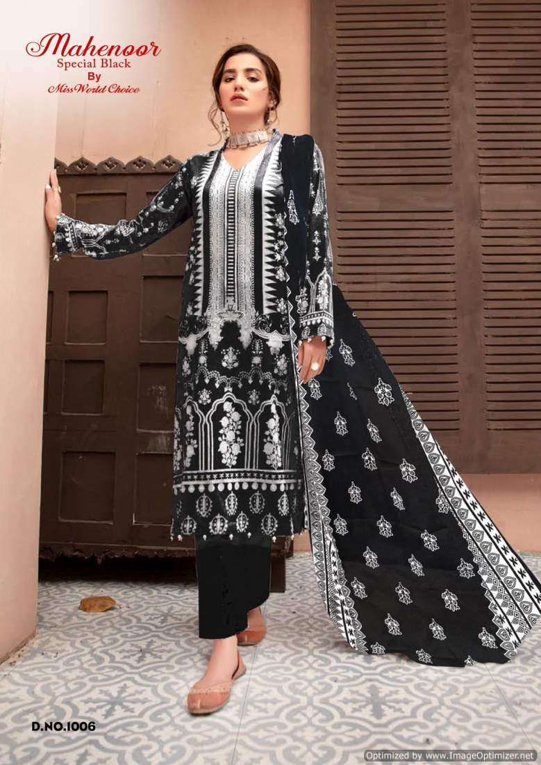 Miss World Mahenoor Black And White Cotton Printed Dress Material Wholesale catalog