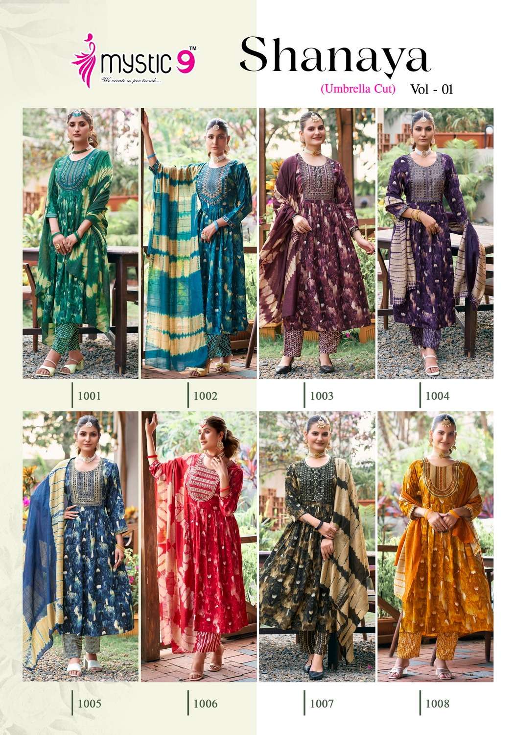 Mystic 9 Shanaya Vol-1 – Umbrella Cut Kurti With Pant And Dupatta - Wholesale Catalog