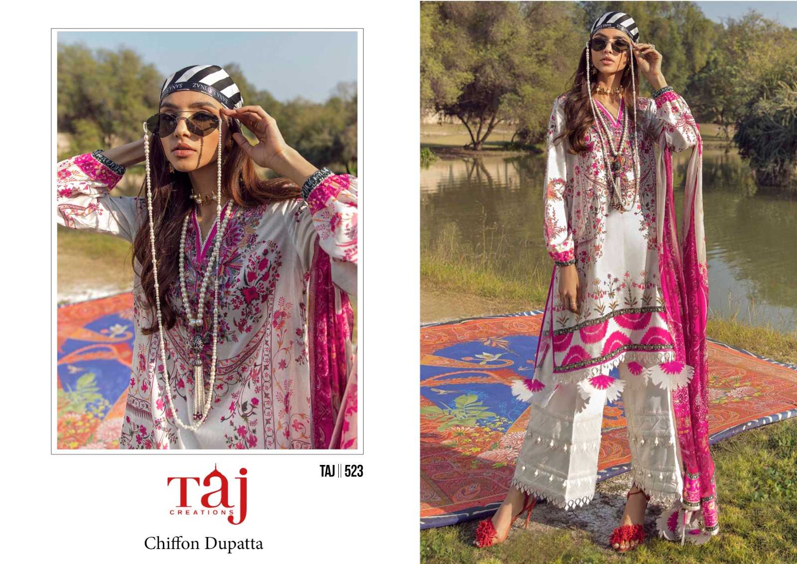 Taj 523 And 524 Chiffon Dupatta Salwar Suits Wholesale catalog
