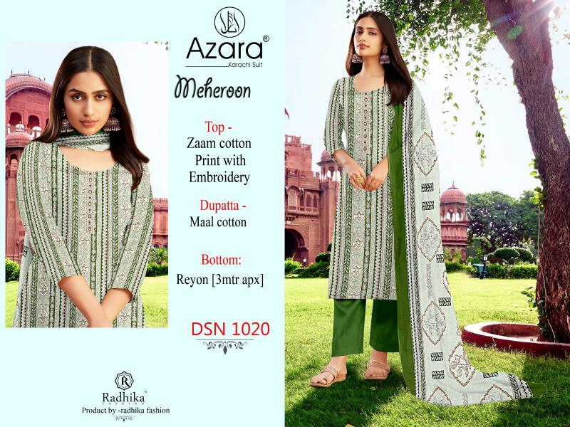 Radhika Azara Meheroon Cotton Printed Dress Material Wholesale catalog